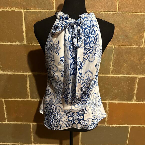 CHAPS Blue and White Tie Back Halter Silky Tank Top Women's M Medium - Picture 5 of 8